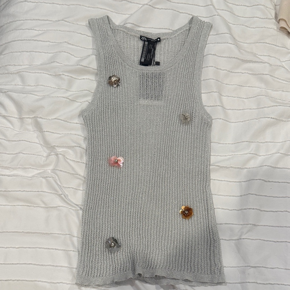 Zara Silver Knit Top with Embellishments *NWT*